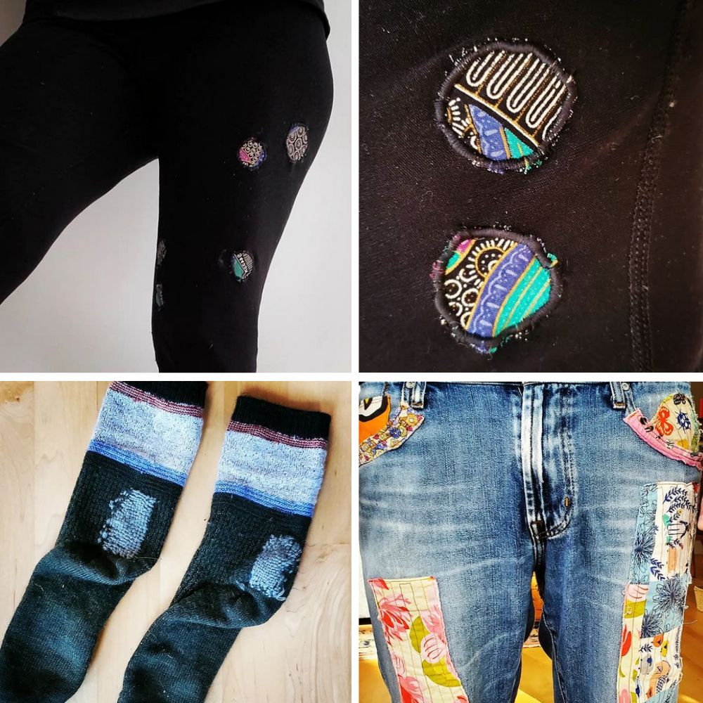 Four photos of repairs. Colorful circle patches on black fleece tights, darned socks and a pair of jeans patched with colorful fabric. @teroutside