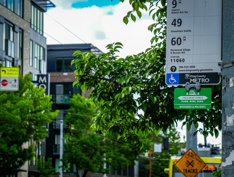 Trailhead Direct sign on a Seattle King County Metro sign. Photo courtesy of King County Parks.