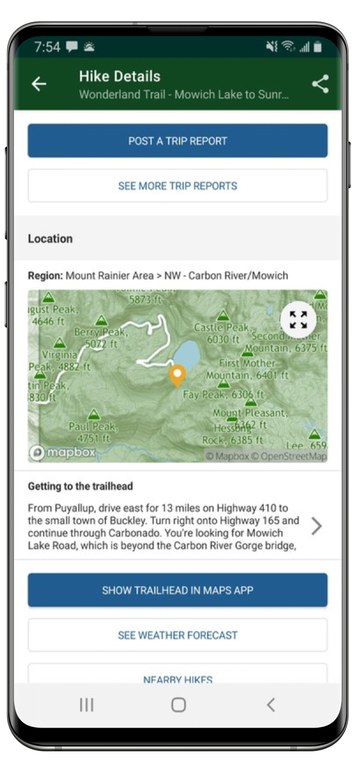 Trailblazer app screen of map in hike details v. 2.7.0