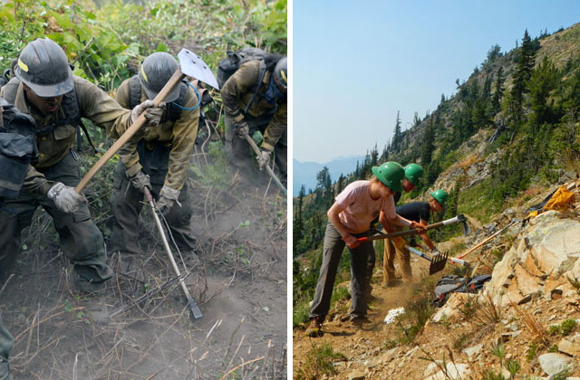 Many trails and trail tools evolved from wildland firefighters. On the left, a crew fighting the Wolverine Fire (Photo by Kari Greer, USFS) and on the right, a WTA BCRT trail maintenance crew. (Photo by Austin Easter)