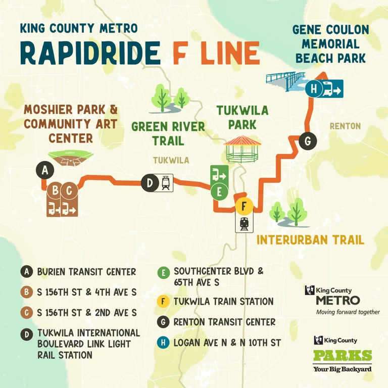 King County Metro RapidRide F Line Graphic showing the path of King County Metro RapidRide F Line to outdoor destinations