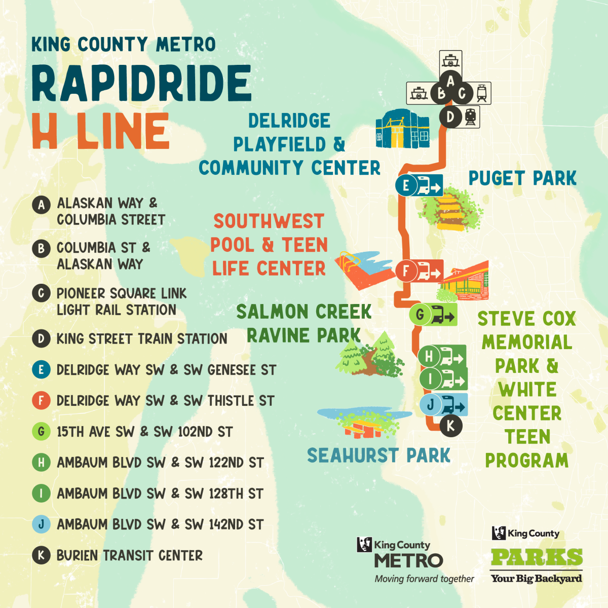 King County Metro RapidRide H Line Graphic showing the path of King County Metro RapidRide H Line to outdoor destinations