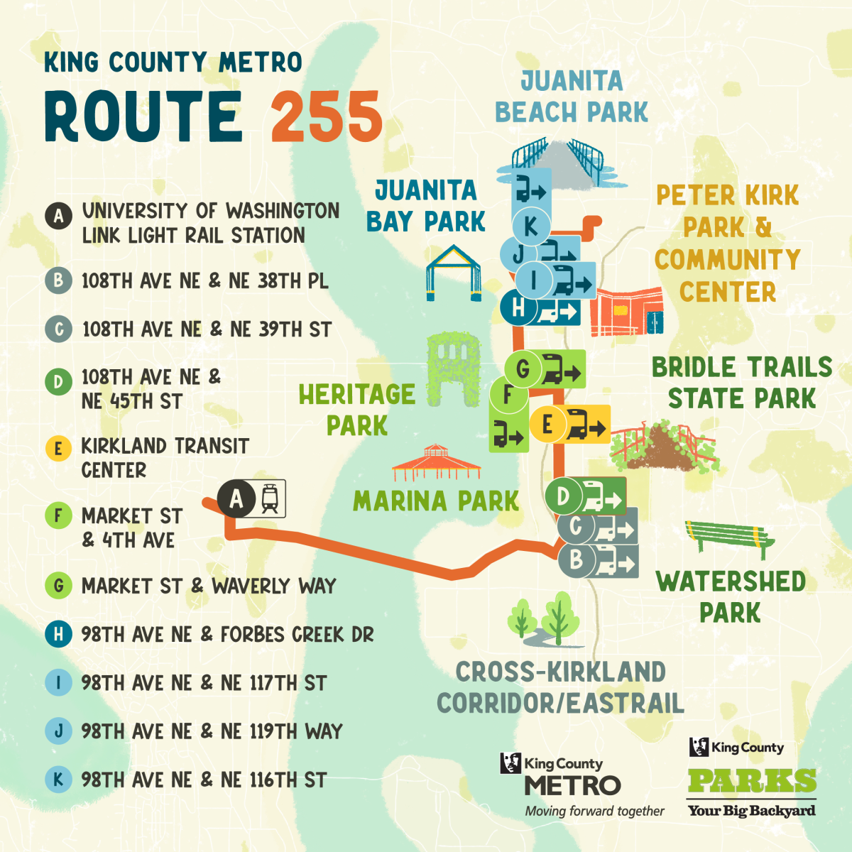 King County Metro Route 255 Graphic showing the path of King County Metro Route 255 to outdoor destinations