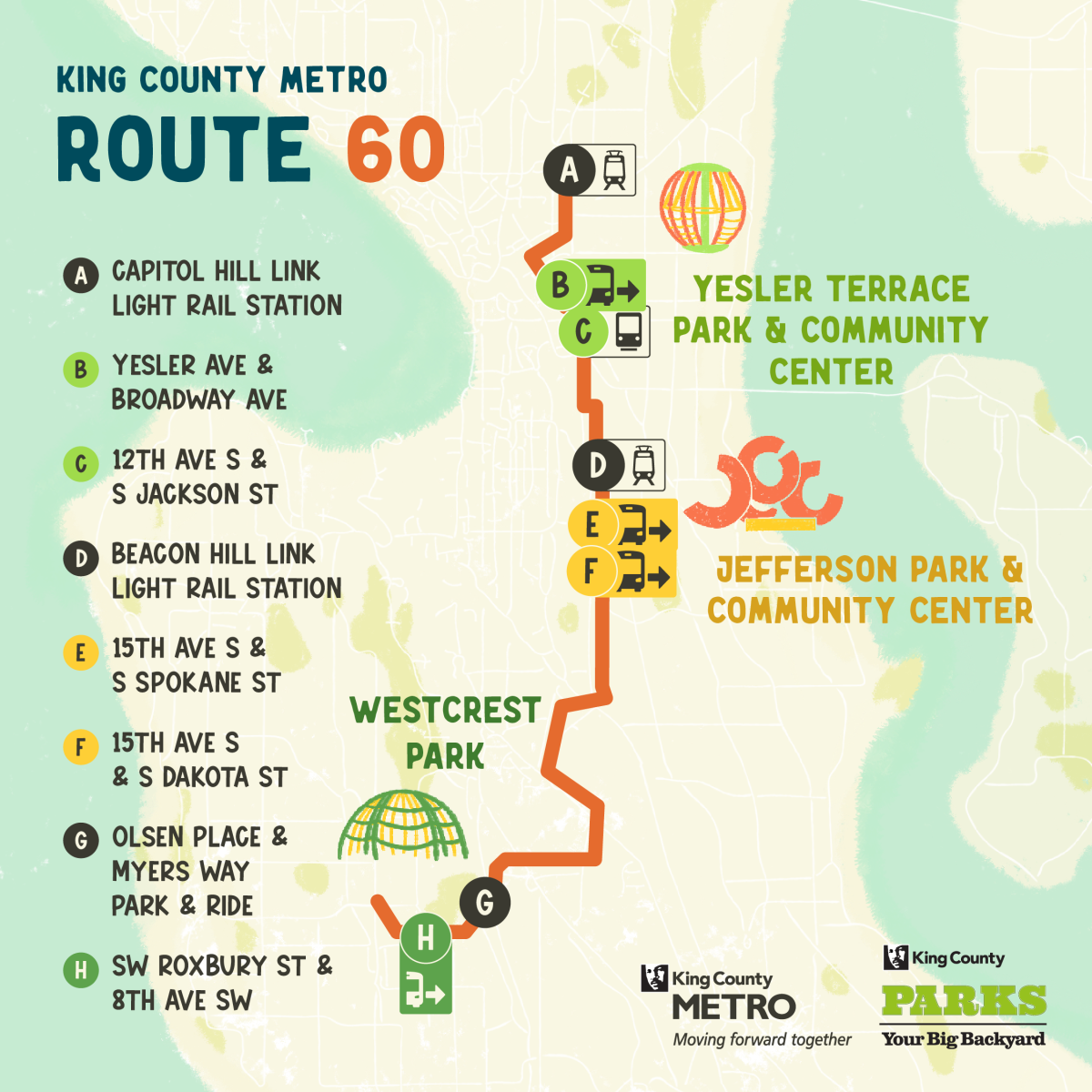 King County Metro Route 60 Graphic showing the path of King County Metro Route 60 to outdoor destinations