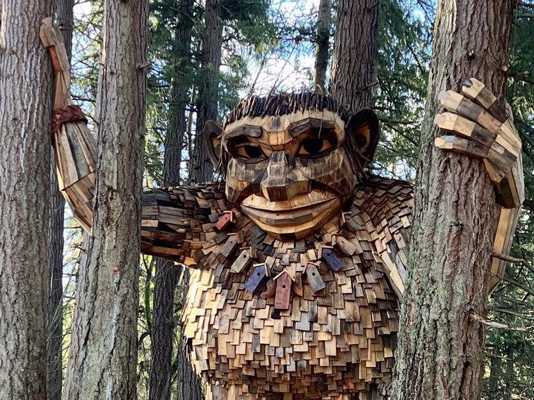 Jakob Two Trees, a Thomas Dambo troll in Issaquah. Photo by trip reporter mmills.