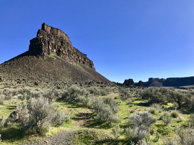 Large rock formation rising behind a trail and sagebrush landscape.