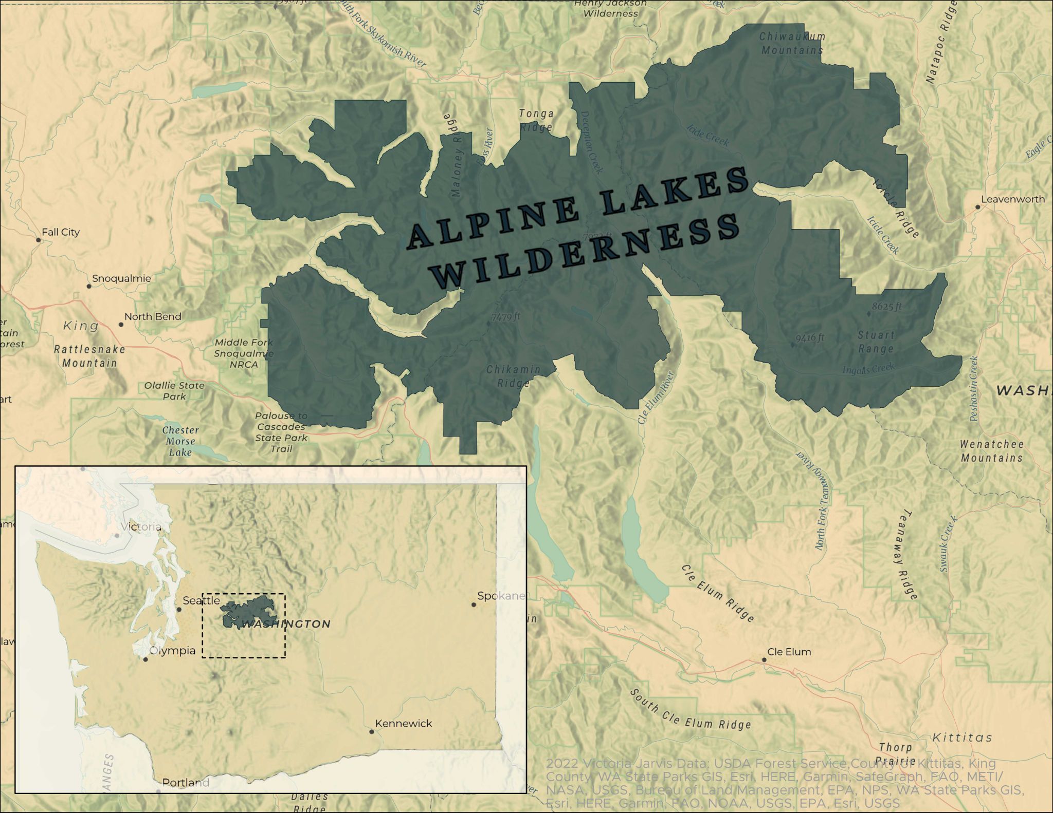 Map shows the boundaries on the Alpine Lakes Wilderness, south of Highway 2 and north of I-90. Couched by King County to the left and Leavenworth to the right.