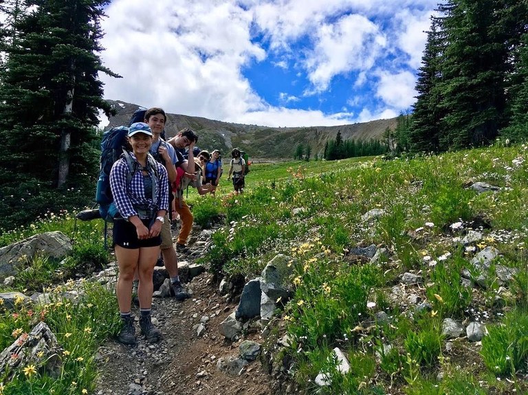 Youth volunteer vacation group photo. Photo courtesy of Haylee Darby. Youth volunteer vacation in the Middle Fork Pasayten group photo on the trail. Photo courtesy of Haylee Darby.