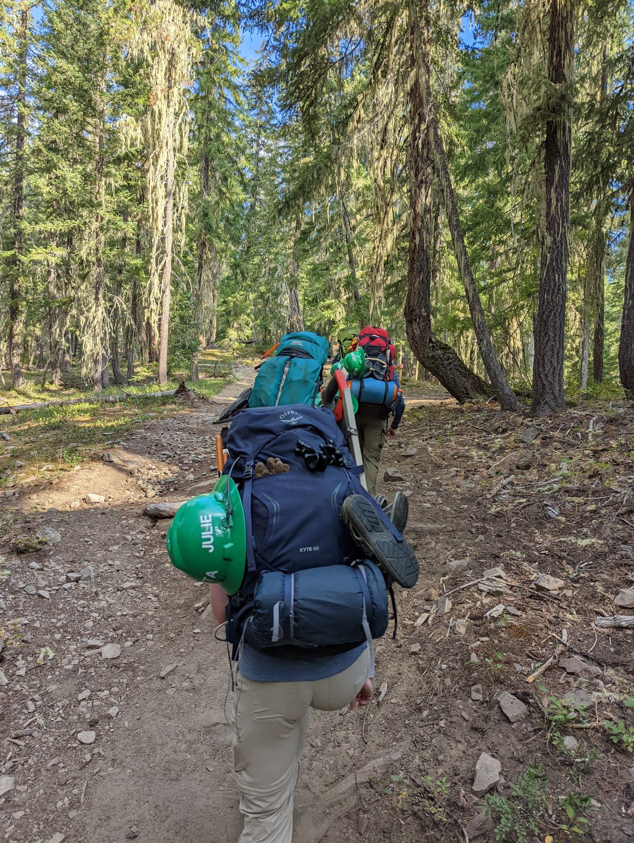 Backpacking on a BCRT. Photo by Nelson Nogales. Crew hiking on a BCRT with tools and backpacking packs with green hats on the packs at Waptus Lake. Photo by Nelson Nogales.