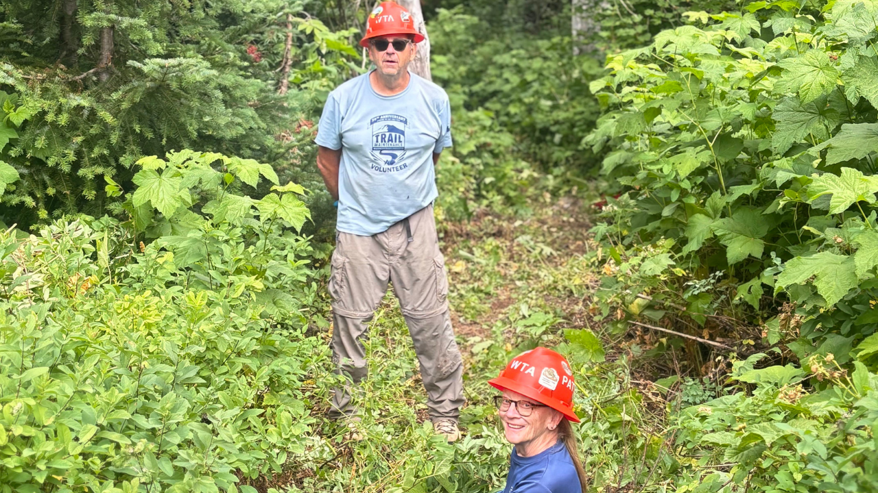 Two people wearing orange hats smile from trails covered in brush.