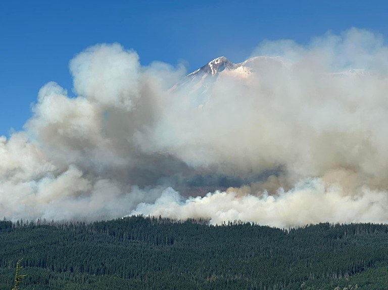 Mount Adams behind smoke of the William's Mine Fire. Photo courtesy of the US Forest Service.