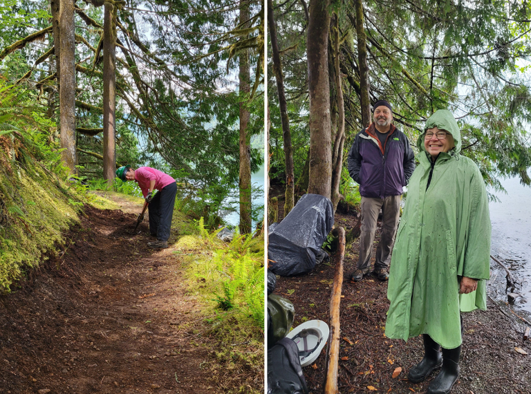 A collage of two photos. On the left, a volunteer cuts into the backslope of a trail to widen the trail tread. On the right, a volunteer stands in camp wearing a rain poncho.