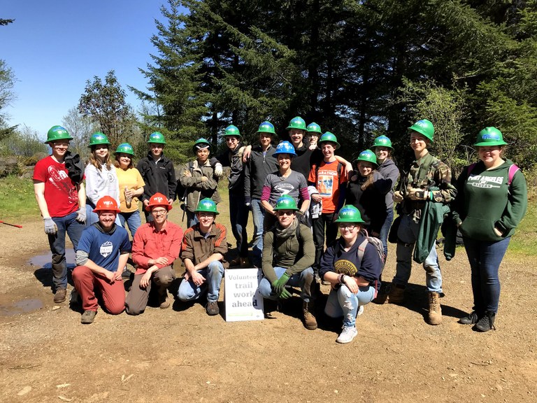 A youth crew at Striped Peak poses for a group shot during the workday. Photo by Becca Wanagel A youth crew at Striped Peak poses for a group shot during the workday. Photo by Becca Wanagel