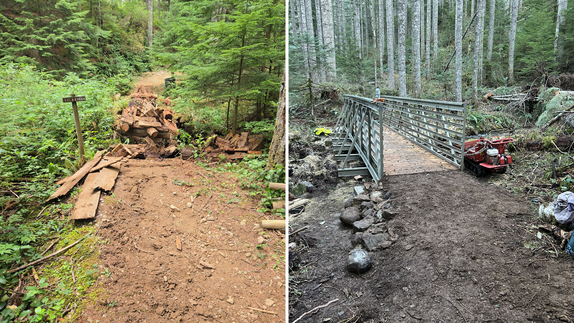 Section of trail with a missing bridge (at left) and new bridge (at right)