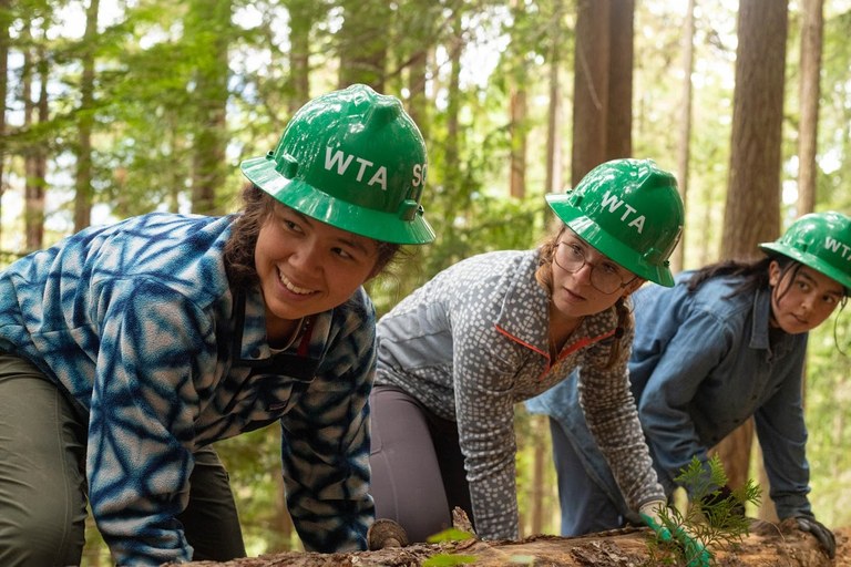 Women wearing hard hats in a forest.
