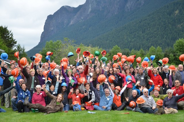 Volunteers, staff and partners at WTA's Crew Leader College, hosted by the Snoqualmie Ranger District in North Bend. At this annual gathering, crew leaders attend and teach classes on trail building and maintenance. Photo by Kindra Ramos.