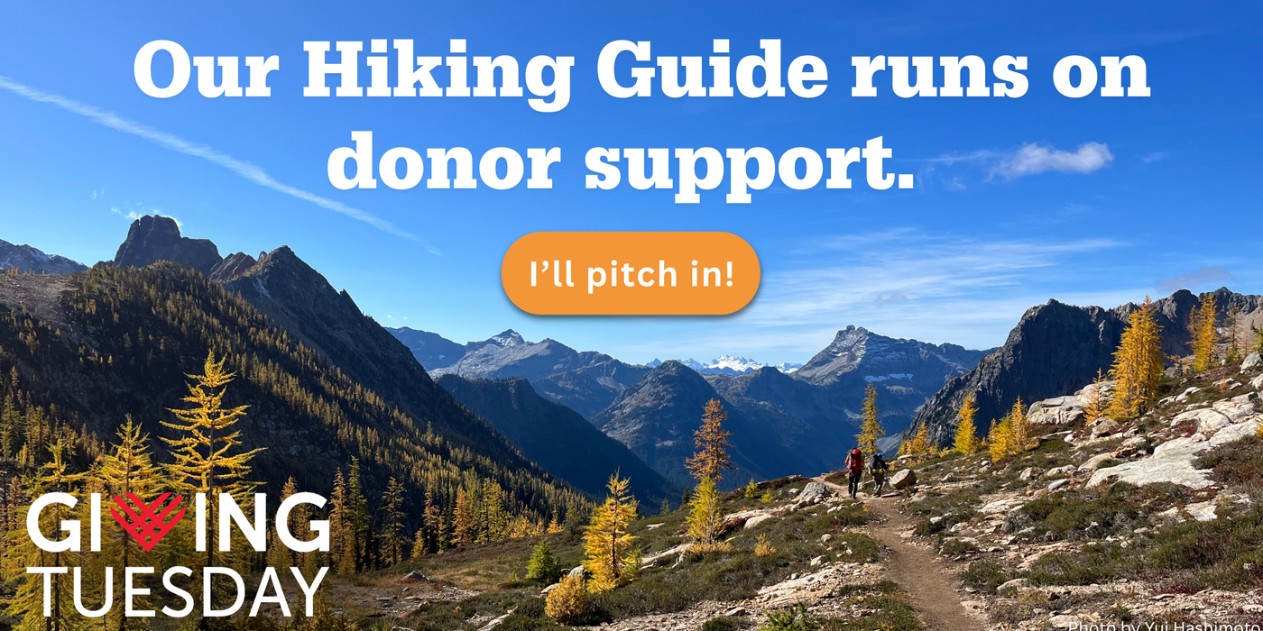 Hiker on alpine trail on a bluebird day. Text: Our hiking Guide runs on donor support. Pitch in>