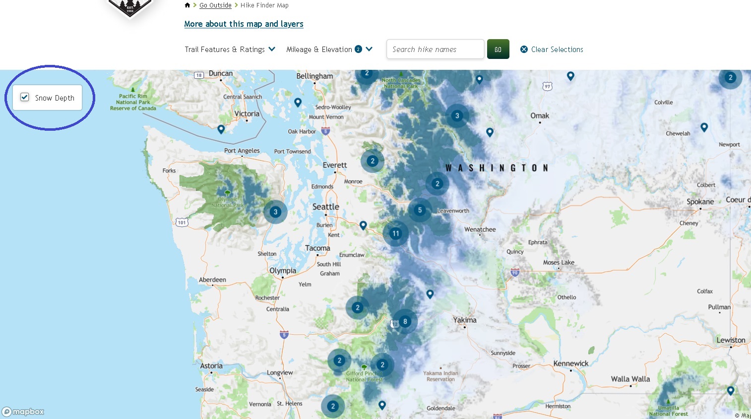 Hike Finder Map snow depth layer with toggle checked