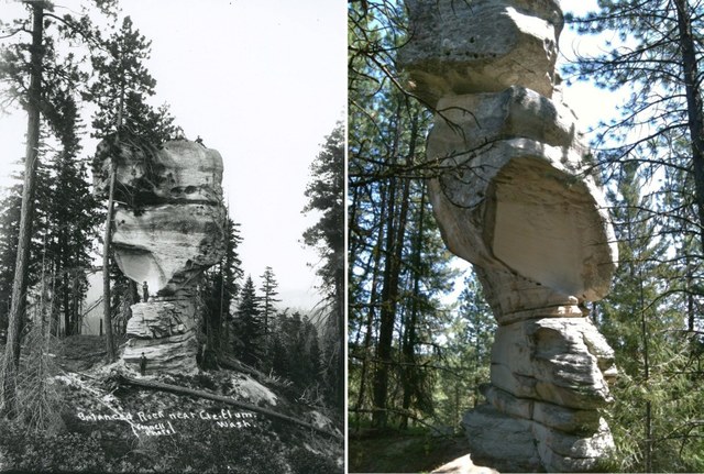 Exclamation Point Rock (also known as Balanced Rock). Historic photo by Ellensburg Public Library. Modern photo by The Wilderness Society. 