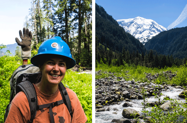 (left) Kathy Bogaards, crew leader for the volunteer vacation. (right) Rainier provided a lovely backdrop for a week of trail work. Photos by Archana Bhat. 