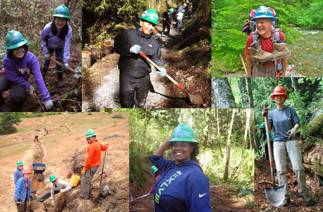 Join volunteers across Washington as we show our love for trails June 7. Photos (clockwise from left): Andrea Martin, Krista Dooley, Jane Baker, Kathy Bogaards, Jon Nishimura, Ryan Ojerio. 