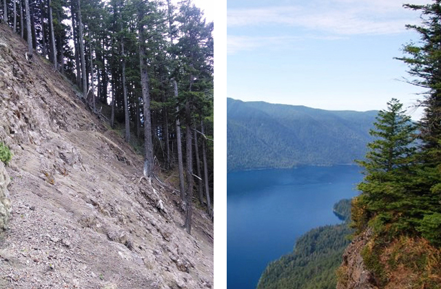 Help us reroute this treacherous trail (left) to help hikers access expansive views of Lake Crescent from Pyramid Peak (right). Photos by immortalyoungman and Chris Quail. 
