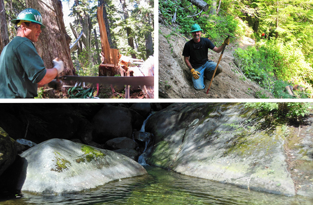Snoqualmie Lake offers a respite from the city via a surprisingly close-in trailhead. Photos: Volunteer sawing - Gary Zink, Volunteer doing treadwork - WTA staff, Waterfall - Brent Ponto.
