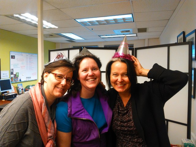 Carole Bianquis, Andrea Baines and Susan Queary, celebrating at the WTA offices.