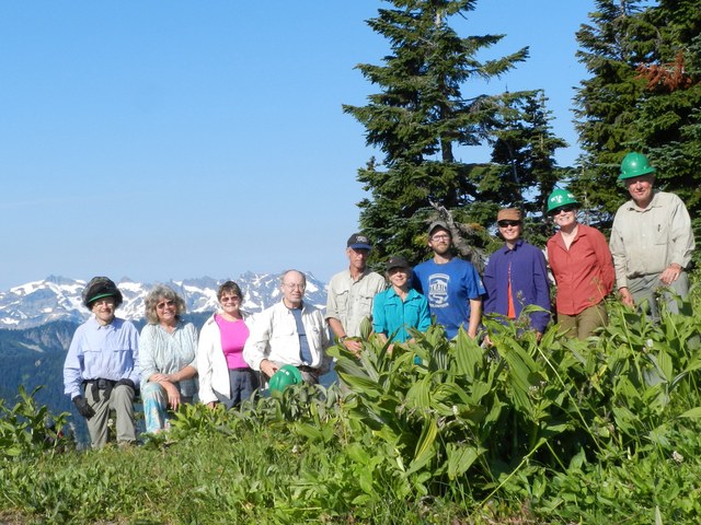 Volunteers take a break on a sunny day at White Pass. Photo by Roxanne Eve. 