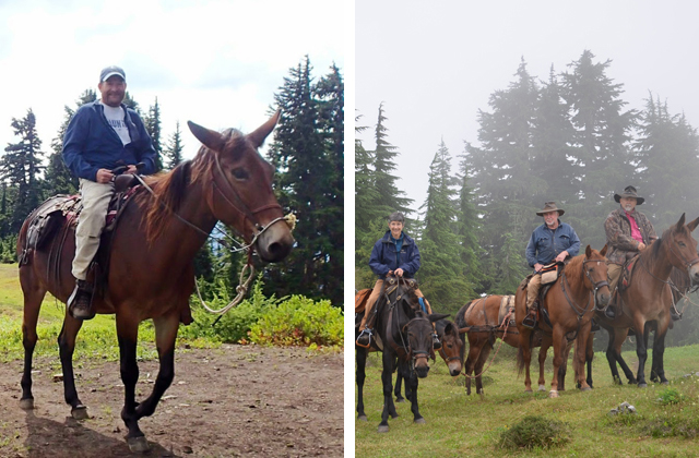 WTA Field Programs Manager Tim Van Beek (left) and Karen Daubert (right) joined BCHW on resupply trips to two volunteer vacations at Excelsior Pass this summer. Photos courtesy Ben Mayberry and Karen Daubert. 