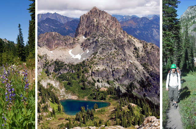 Cathedral Rock and the surrounding area provide a breathtaking respite via a trailhead just off I-90. Photo credits: Flowers -  Kdarvill. Cathedral Rock and Peggy's Pond - Doug Diekema. Volunteer hiking - Sarah Rich