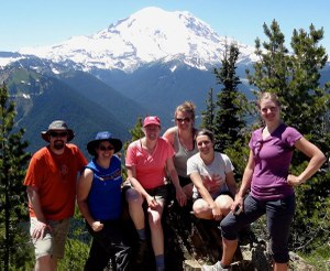 WTA's Communications and Outreach team at the summit of Crystal Peak this month. From left: Eli Boschetto, Kindra Ramos, Susan Elderkin, Anna Roth, Loren Drummond and Cassandra Overby. Photo by Robin Stefan.