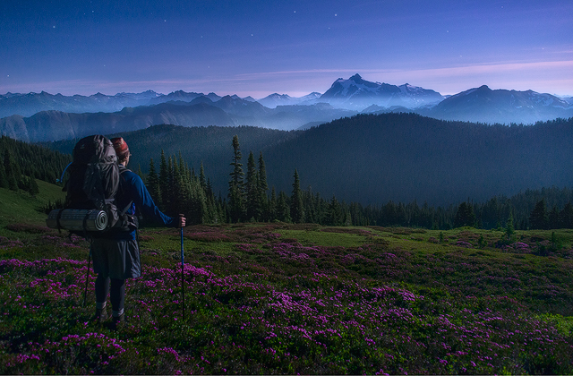 Hiking under the super moon in the Mount Baker Wilderness. Photo by Dave Morrow.
