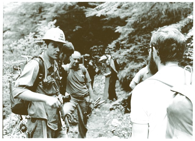 Bernie Smith (left), on the Boulder River (then called Boulder Creek) work party with WTA in 1975. Photo by Rick Ells.