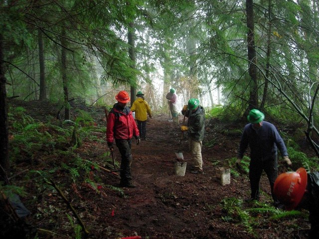 WTA volunteers put in a day of winter work on the almost-open Lost Lake trail in Larrabee State Park. Photo by Taum Sauk. 