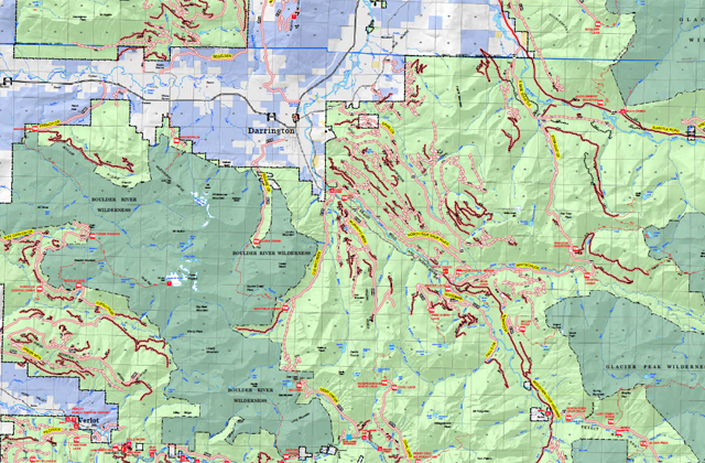 Explore the interactive maps of the Mount Baker Snoqualmie National Forest. Roads marked in pink are under review in the Sustainable Roads analysis.