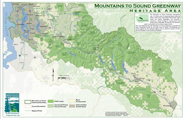 Mountains to Sound map, courtesy mtsgreenway.org. 