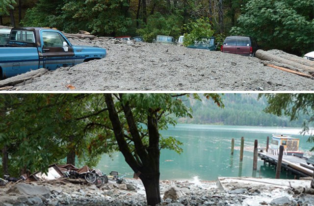 A mudslide in the community of Stehekin buried a parking lot, closed a trailhead and damaged two businesses. Photos by NPS.  