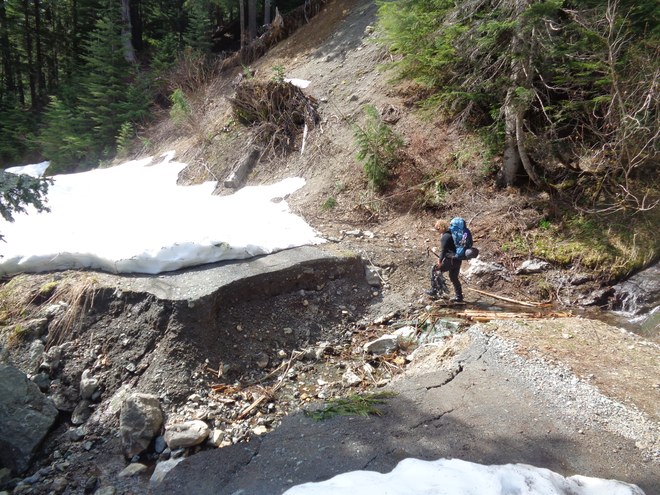 The washout on Forest Road 3065, which leads to Yellow Aster Butte,Winchester Mountain and Twin Lakes in the North Cascades. Photo by Eve    Yellow Aster Butte