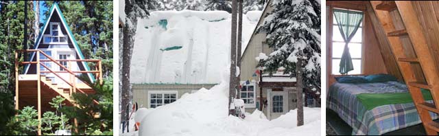 Images of Scottish Lakes High Camp. Left: one of the 9 cabins; middle: the day lodge in winter; right: interior of one of the cabins. Photos courtesy of Scottish Lakes High Camp.