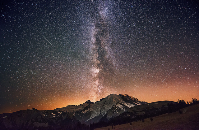 Shooting stars and brilliant Mount Rainier. Photo by Dave Morrow.