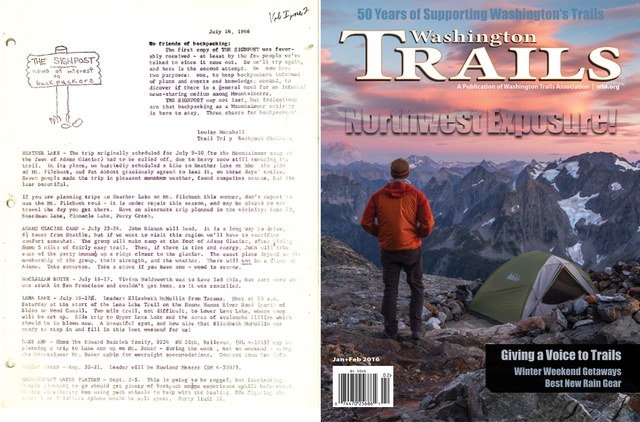 A look at the very first Signpost issue (left) from July 14, 1966 and the Jan+Feb 2016 issue of the Washington Trails magazine (right). 