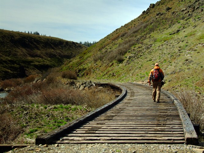 Crossing one of the several old train trestles in Swale Canyon; Klickitat Rail Trail, WA. © Eli Boschetto - BoscoMountainPhoto.com