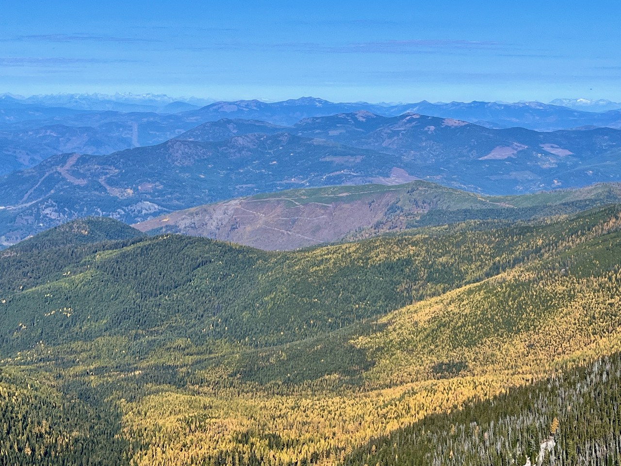 View north into Canada from Abercrombie Mountain summit. The snow-capped Rockies can be see in the far distance.