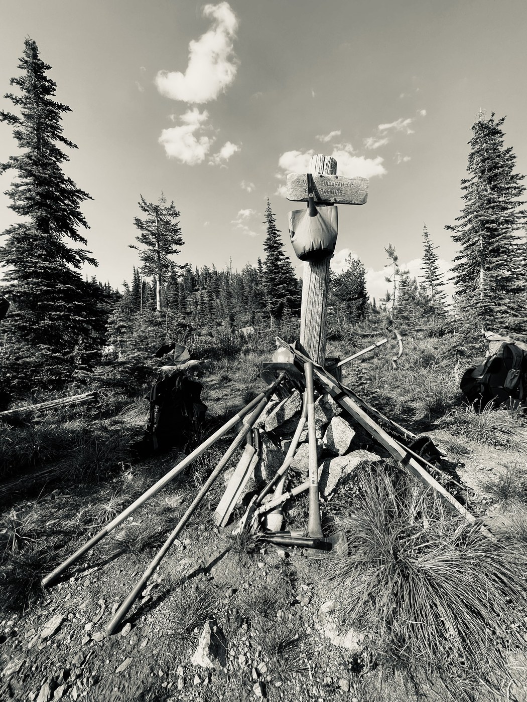 Tools at the trail junction by Holly Weiler