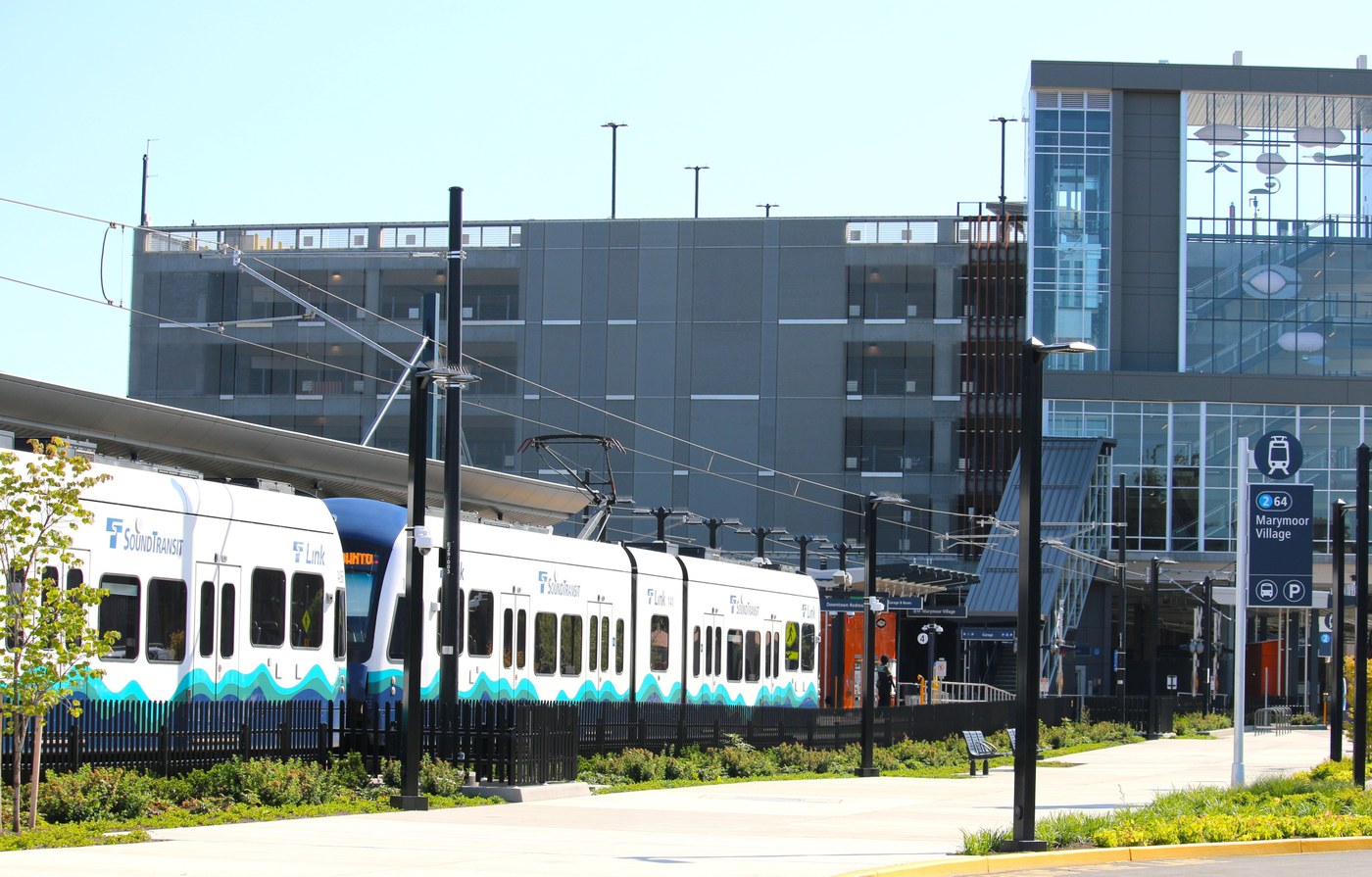 Link Light Rail at Marymoor Village. Photo by wafflesnfalafel. A Link Light Rail stops at the Marymoor Village Light Rail Station. Photo by trip reporter wafflesnfalafel.
