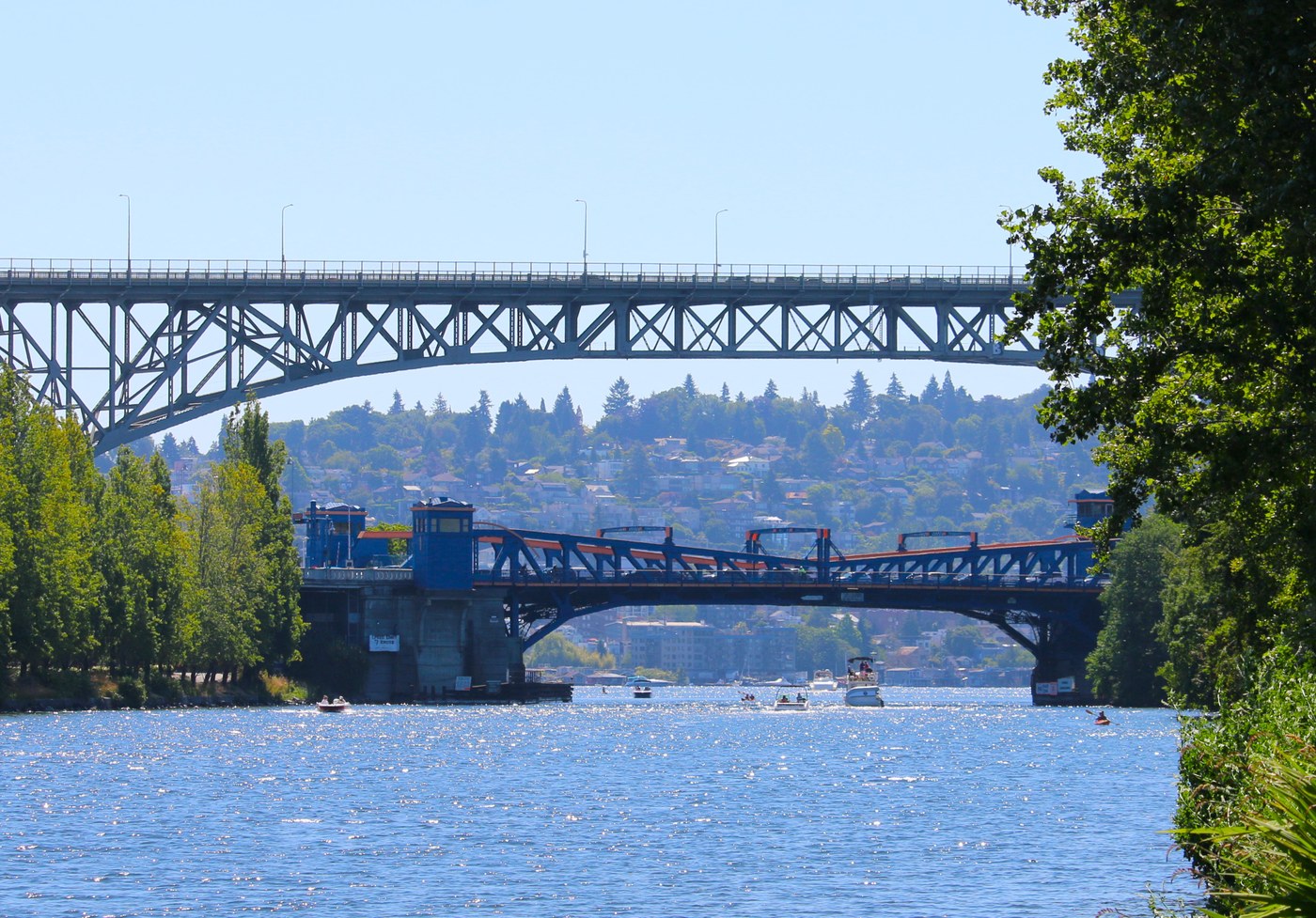 the big Aurora and little Fremont bridges spanning the canal