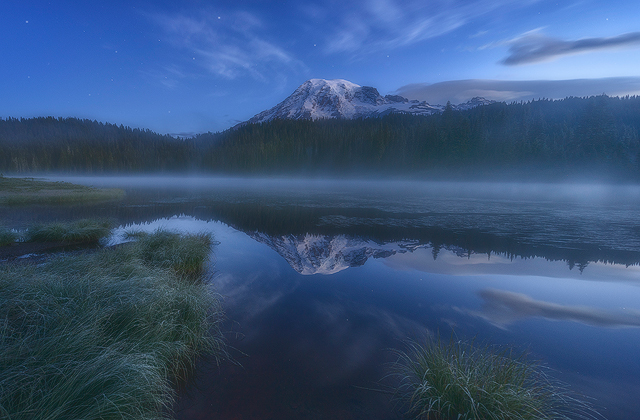 Twilight on Mount Rainier's Reflection Lakes. Photo by Dave Morrow.