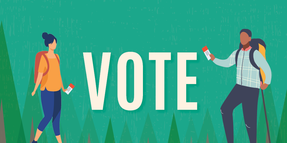 Illustration of hikers with ballots in their hand next to the text "VOTE"