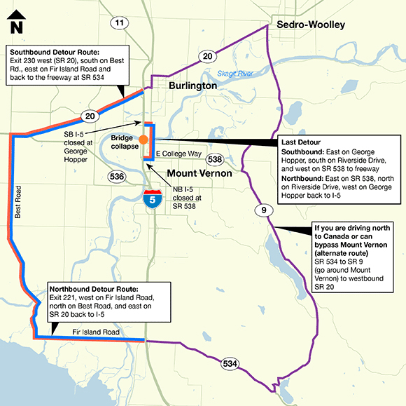 Detour map for I-5 in Mount Vernon. WSDOT. 